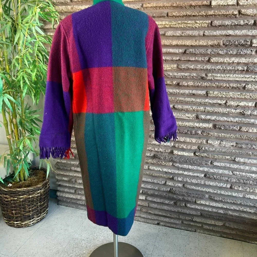 Vintage 80s Gallery Colorblock Melton Wool Blanket Coat With Fringe Size XS